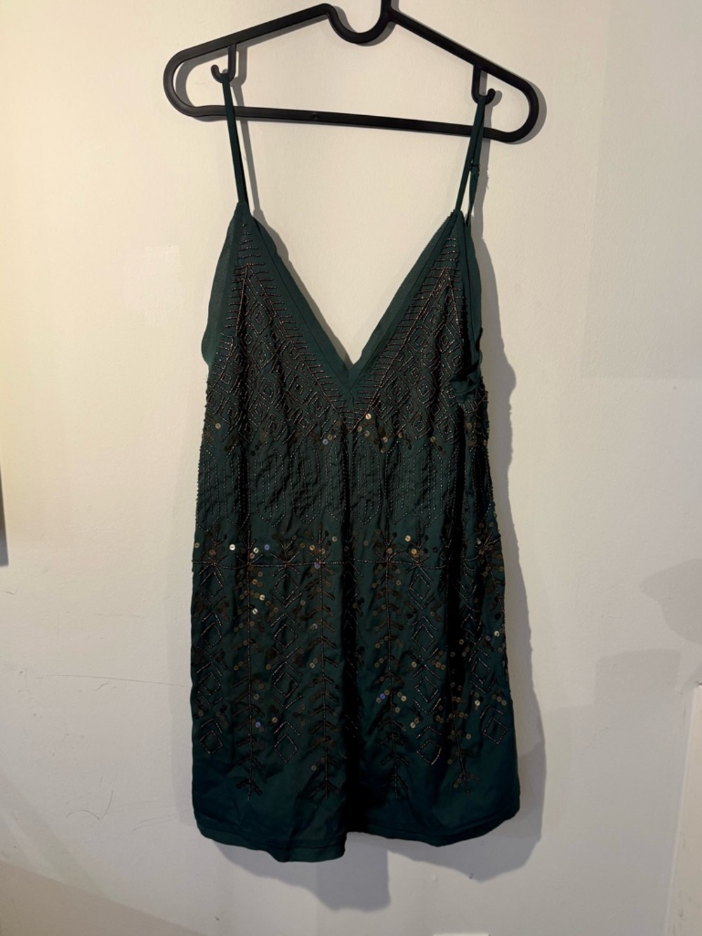 Free People Beaded Hunter Green Slip Dress with Bronze Accents